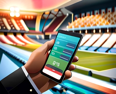 Una mano sostiene un teléfono móvil con una aplicación de apuestas deportivas en un estadio